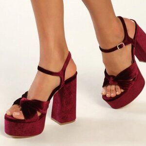 LULUS Falura Wine Red Velvet Knotted Platform High Heel Sandals – Size 7